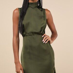 Lulus Classic Elegance Olive Satin Sleeveless Mock Neck Mini Dress Green
